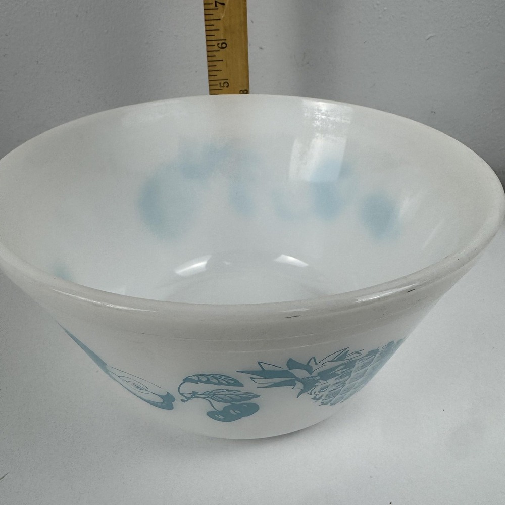 Vintage Federal Glass White Mixing Bowl Blue Fruit Nature Print Milk Glass USA - Picture 15 of 15